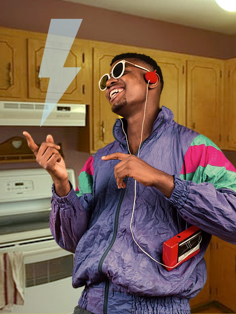 A man in a jumpsuit listening to music on a walkman
